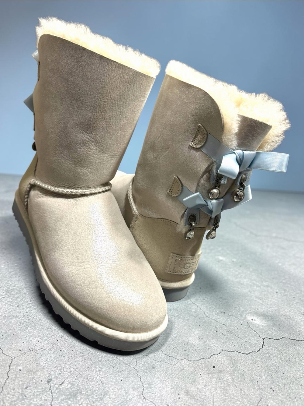 UGG Bailey Bow Bling SWAROVSKI Crystal Charm Boots Shimmer Sheepskin Blue Size 9 - Picture 6 of 16